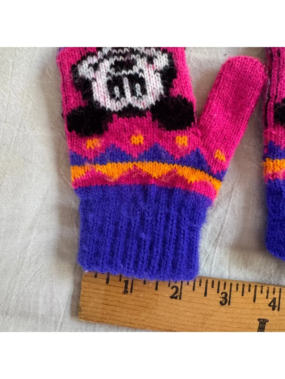 Vintage Knit Mittens Pink Purple Mickey Mouse Pattern Small